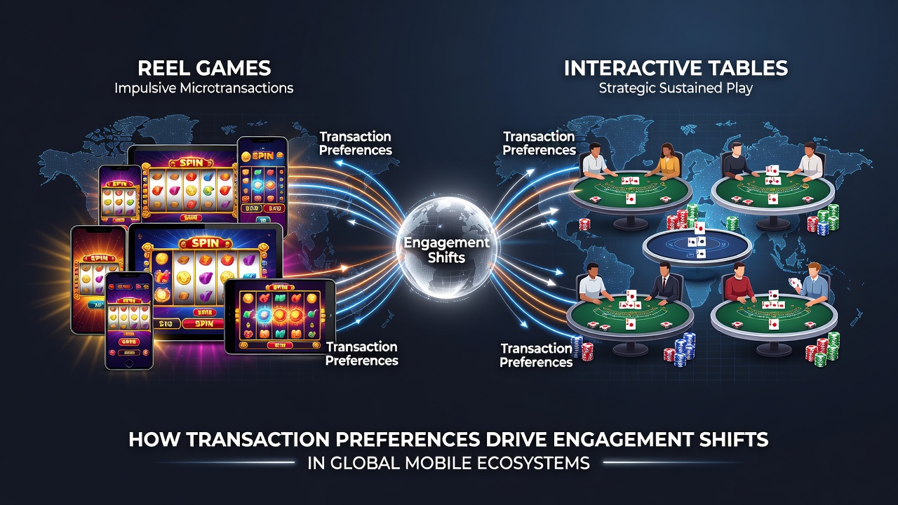 Mobile gaming interface showing reel slots and interactive table games side by side on a smartphone screen with transaction icons