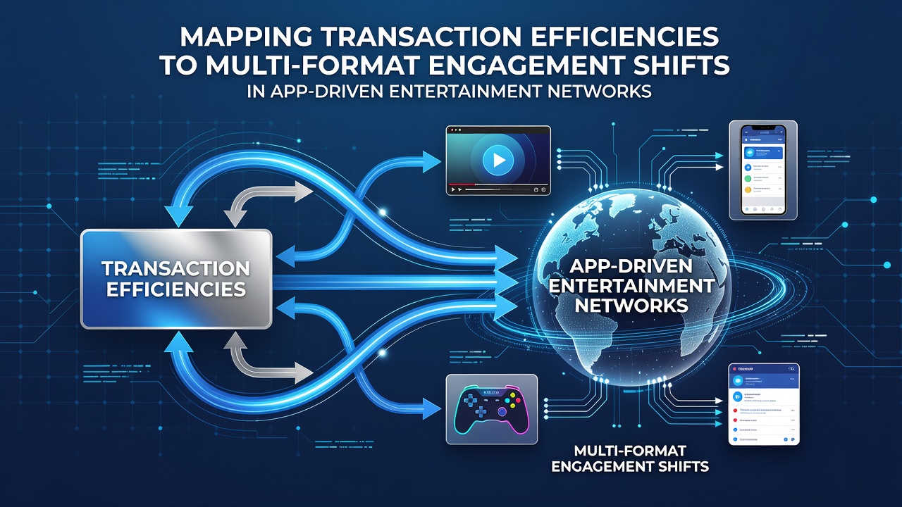 Visual representation of transaction flows across app-based entertainment platforms showing efficiency metrics adn user engagement pathways