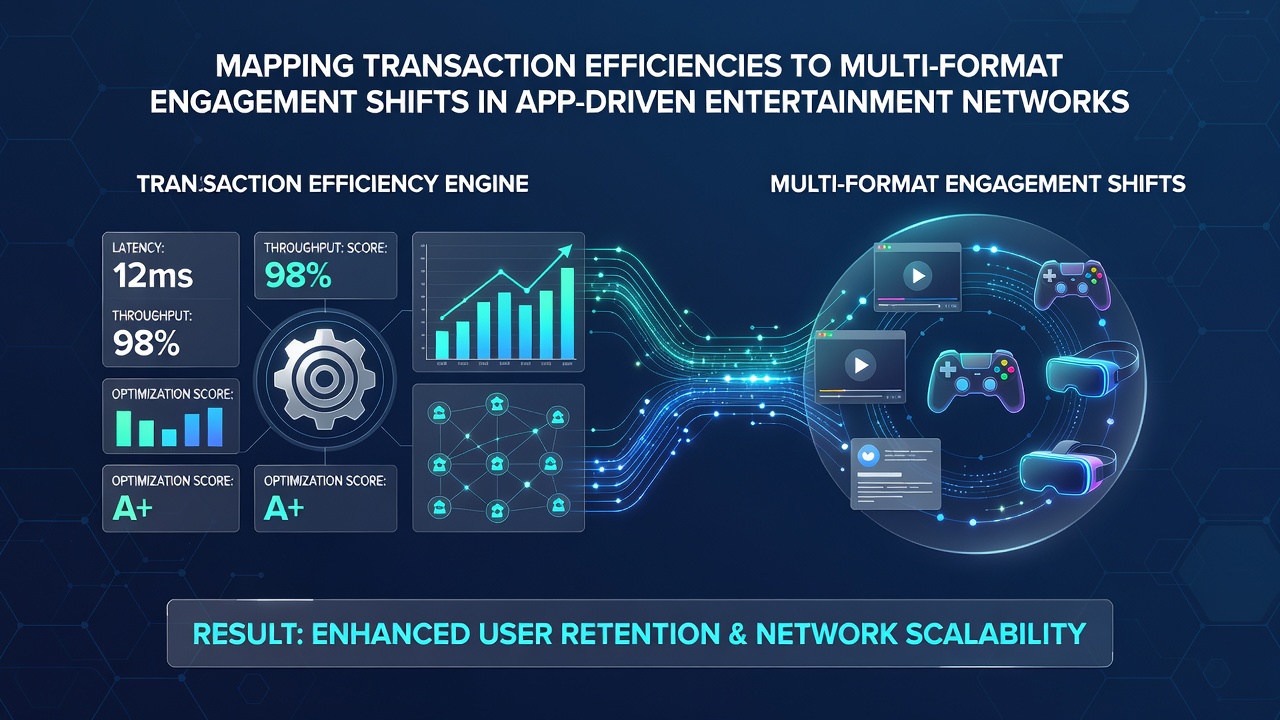 Infographic illustrating engagement flow between different app entertainment formats linked to transaction processing times