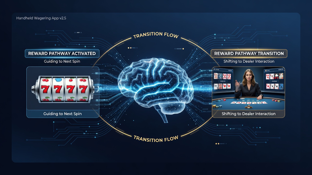 Illustration of mobile wagering app interfaces showing slot reels transitioning to live dealer tables with reward indicators