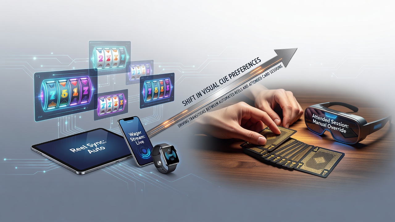 Visual representation of slot reel interfaces transitioning to live card table environments across mobile and desktop devices